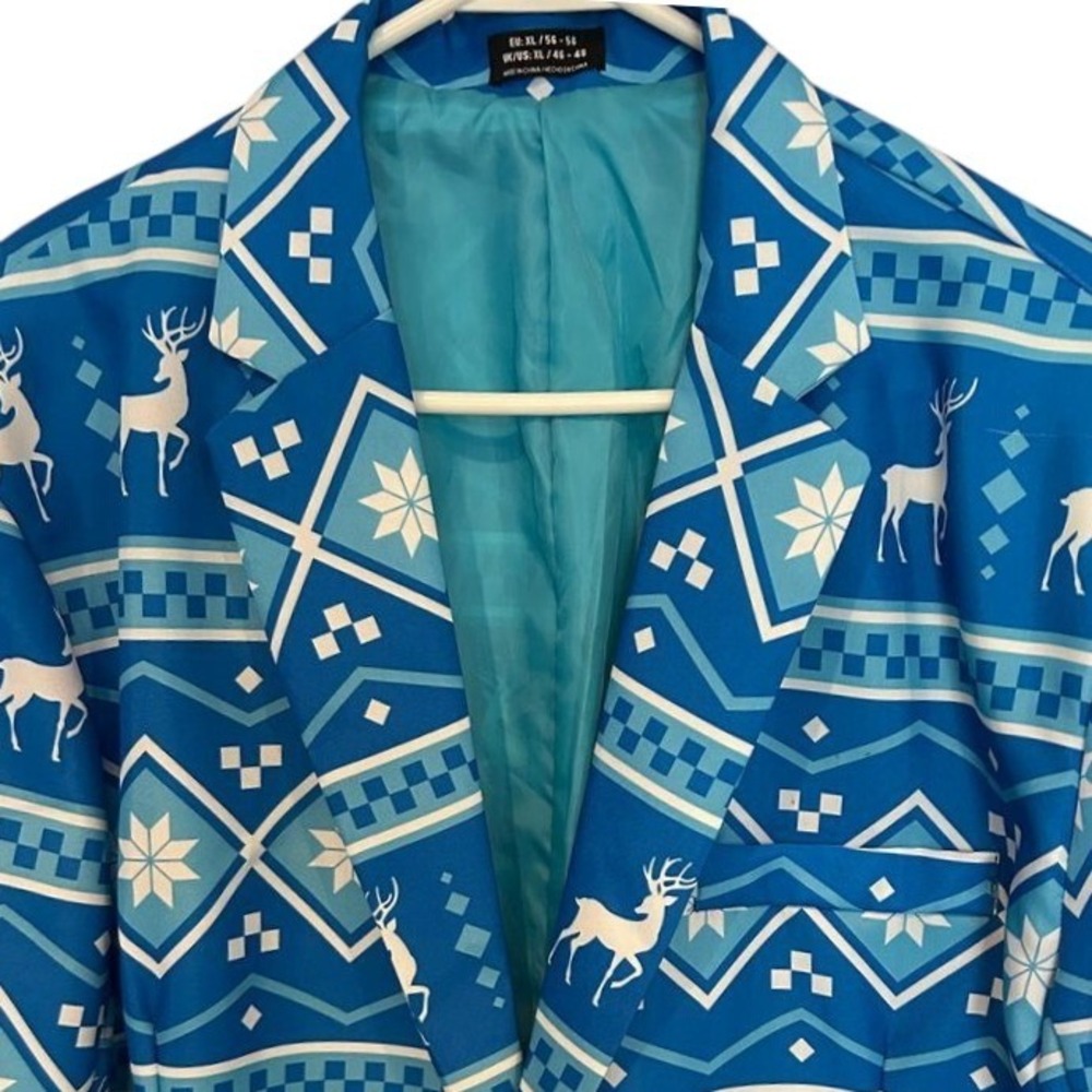 Unbranded Christmas Blazer XL Mens Blue Reindeer Fair Isle Holiday Party Jacket